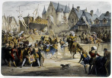 Enrico II (1519 - 1559) ferito mortalmente da Montgomery durante il torneo del 29 giugno 1559, rue St Antoine, davanti al Palais des Tournelles - litografia