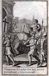 Eraclio I (Flavio Eraclio, Herakleios) (circa 575-610/641), imperatore bizantino, fa un ingresso trionfale a Costantinopoli. Salì su un carro trainato da quattro elefanti e portò davanti a sé la Vera Croce (Santa Croce) che era stata presa da
