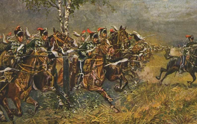 Cartolina storica con motivo di guerra, attacco alle truppe prussiane, Germania