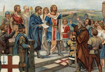 Episodi storici di città famose: Alfredo il Grande (849-899) restituisce Londra ai suoi abitanti (886), la "Pace di Alfredo e Guthrum" segnò la vittoria degli anglosassoni contro i danesi (vichinghi). Cromolitografia del XIX secolo
