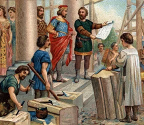Episodi storici di città famose: Clodoveo elige Parigi come residenza permanente (nel 508). Cromolitografia del XIX secolo