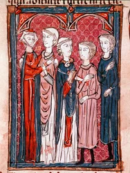 Storia del diritto canonico: scena di fidanzamento. Miniatura tratta dal "Decreto di Graziano" (Concordia discordantium canonum o Decretum Gratiani) datato 1140 e regolante le leggi e i canoni della Chiesa cattolica romana. 13° secolo Laon, biblioteca muni