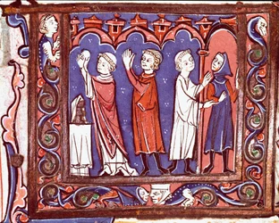 Storia del diritto canonico: scena di comunione (sinistra) e scomunica (destra). Miniatura tratta dalle "Decretali" di Giovanni d
