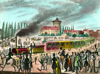 Storia dei trasporti pubblici: ferrovia tra Parigi e Versailles. Incisione del XIX secolo. Collezione privata