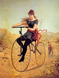 Storia della bicicletta: velocipedista o una donna che pedala su una bicicletta. Stampe del XIX secolo