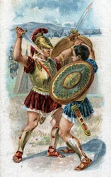Storia della vita di Achille, leggendario eroe della guerra di Troia: Achille combatte Ettore per vendicare la morte di Patroclo. Cromolitografia del 1890.
