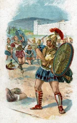 Storia della vita di Achille, eroe leggendario della guerra di Troia: Patroclo ottiene il permesso da Achille di salvare i Greci portando le sue armi. Sarà ucciso da Ettore, che prende le armi di Achille come bottino. Cromolitografia del 1890