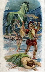 Storia della vita di Achille, leggendario eroe della guerra di Troia: La cattura di Troia. Achille davanti alla città grazie al cavallo. Cromolitografia del 1890.