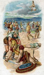 Storia della vita di Achille, eroe leggendario della Guerra di Troia: morte di Achille, ai piedi delle mura di Troia, colpito al tallone da una freccia scoccata da Paride. Cromolitografia del 1890