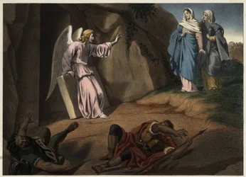 Sante donne visitano Cristo al sepolcro. Incisione anonima del XIX secolo