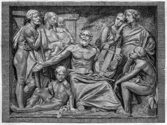 Omero che canta con la sua lira in una città della Ionia. Incisione dal bassorilievo di Mr. Hugues, gran premio di scultura del concorso scolastico del 1875