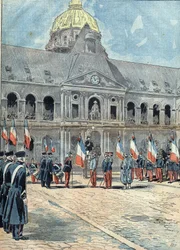 Hotel des Invalides - Parigi - 26 giugno 1898: una delegazione consegna al generale Arnoux, governatore degli Invalides, la bandiera del Reggimento di Algeria che sventolava il 30 settembre 1895 sul palazzo della Regina di Tananarive. Illustrazione in "Le 
