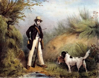 Cacciatore con il suo cane. Stampa del XIX secolo. Gien, museo della caccia