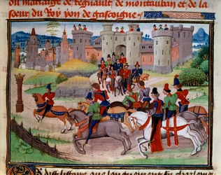 Scena di caccia. Miniatura dal manoscritto "Renaud de Montauban" o "Les quatre fils Aymon" di Loyset Liedet (attivo tra il 1448 e il 1478). Ms. 5073. XV secolo