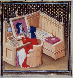 Iaia (Marcia di Cizico), pittrice romana, dipinge il proprio ritratto in miniatura da “De mulieribus claris” (Des clair et nobles femmes) di Giovanni Boccaccio (Boccace) (1313-1373)