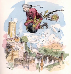 Illustrazione di Albert Robida in “Histoire et aventures du Baron de Munchausen, H. Laurens Ed., fine XIX secolo”