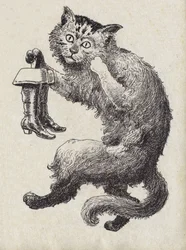 Illustrazione per "Il gatto con gli stivali" di Charles Perrault (1628-1703), scrittore francese. Illustrazione anonima. Immagini di Marcel Vagne, Jarville Nancy, senza data (fine XIX secolo)