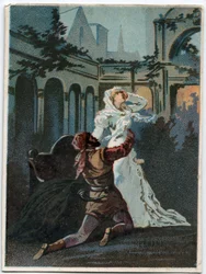 Illustrazione di "Ernani" del compositore italiano Giuseppe Verdi (1813-1901), atto 2, scena IV opera creata nel 1844 dopo la tragedia "Hernani" di Victor Hugo. Cromolitografia della fine del XIX secolo