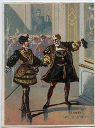 Illustrazione di "Ernani" del compositore italiano Giuseppe Verdi (1813-1901), atto 3, scena VI opera creata nel 1844 dopo la tragedia "Hernani" di Victor Hugo. Cromolitografia della fine del XIX secolo.