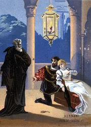 Illustrazione di "Ernani" del compositore italiano Giuseppe Verdi (1813 - 1901), atto V, scena 6, opera creata nel 1844 dopo la tragedia di Victor Hugo "Hernani". Cromolitografia della fine del XIX secolo