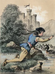 Illustrazione dei racconti di Franz Hoffmann "Racconti e Favole - I 3 principi": Un principe che riceve una chiave da un