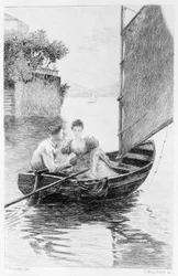 Illustrazione di «Il rosso e il nero» di Stendhal. 1830. Julien Sorel e Madame de Rênal raffigurati su una barca a vela. Incisione della fine del XIX secolo.
