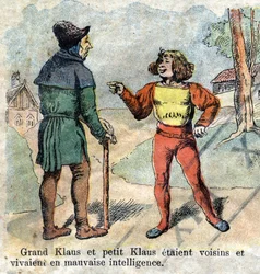 Illustrazione della fine del XIX secolo per la fiaba di Hans Christian Andersen (1805-1875) "Il Grande Claus e il Piccolo Claus". Collezione privata.