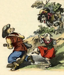 Illustrazione del racconto "Bon Médor e il piccolo capretto". In "Racconti dalla casa per i piccoli". Incisione anonima del XIX secolo