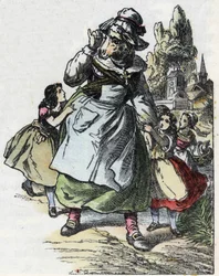 Illustrazione della fiaba "Buona Mamma Pecora". In "Fiabe dalla casa per i piccoli". Incisione anonima del XIX secolo