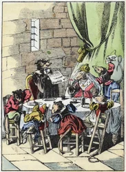 Illustrazione della fiaba "Il terribile Raminagrobis e i topi". In "Fiabe della casa per i piccoli". Incisione anonima del XIX secolo