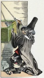 Illustrazione della fiaba "Il terribile Raminagrobis e i topi". In "Fiabe della casa per i piccoli". Incisione anonima del XIX secolo