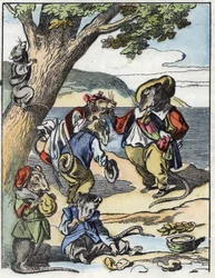 Illustrazione della fiaba "Il terribile Raminagrobis e i topi". In "Fiabe della casa per i piccoli". Incisione anonima del XIX secolo