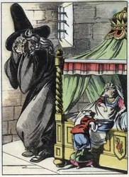 Illustrazione della fiaba "Il terribile Raminagrobis e i topi". In "Fiabe dalla casa per i piccoli". Incisione anonima del XIX secolo