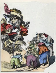 Illustrazione della fiaba "Il terribile Raminagrobis e i topi". In "Fiabe dalla casa per i piccoli". Incisione anonima del XIX secolo