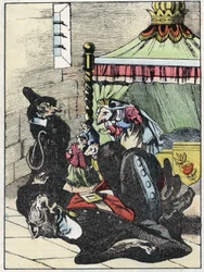 Illustrazione del racconto "Il terribile Raminagrobis e i topi" personaggio tratto dalle favole di Jean de la Fontaine. In "Tales from the home for the little ones". Incisione anonima del XIX secolo