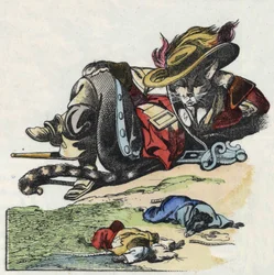 Illustrazione del racconto "Il terribile Raminagrobis e i topi". Personaggio tratto dalle favole di Jean de la Fontaine. In "Racconti dalla casa per i piccoli". Incisione anonima del XIX secolo