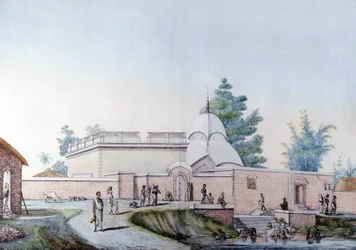 Cultura e civiltà indiana: bagno nel fiume Hooghly a Calcutta (o Kalkata), India. Incisione del 1808.