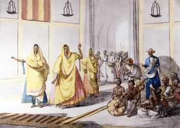 Cultura e civiltà indiana: danzatrice e musica tradizionale, India.
