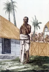 Cultura e civiltà indiana: musicista che suona il flauto bansuri, strumento musicale tradizionale, India. Incisione 1808.