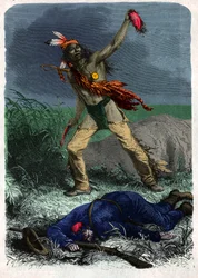 Indiano scalpa un soldato (illustrazione, circa 1900)
