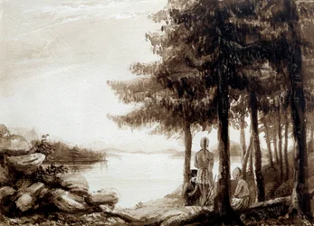 Indiani sulle rive di un lago. Litografia del 19° secolo. La Rochelle, Museo del Nuovo Mondo