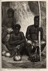 Mercante di frutta indigeno, al mercato di Noumea (Nuova Caledonia). Incisione per illustrare il viaggio in Nuova Caledonia dal 1863 al 1866, di Jules Garnier, ingegnere civile delle miniere, in "Le tour du monde, nouveau journal des voyages"