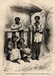 Indigeni del Magdalena (fiumi), nelle strade della città di Mompox (Colombia). Incisione per illustrare il viaggio nella Nuova Granada, del Dr. Saffray, nel 1869, pubblicato in "Le tour du monde" 1872, a cura di Edouard Charton, edizione Hachette