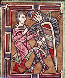 Lettera iniziale E con Davide e Uria, sposo di Betsabea (miniatura)