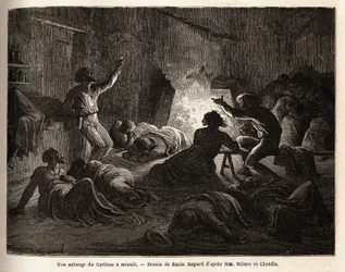 Dentro una locanda Caribou (Canada), a mezzanotte, trappolatori e minatori ubriachi cantano, poi cadono a terra o si addormentano in una coperta. Incisione per illustrare il viaggio dall