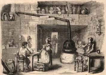 Interno del cabaret le Lapin Blanc, rue aux fèves a Parigi prima della sua demolizione. Una taverna risalente ai primi tempi della monarchia. Incisione in "Le Monde illustre" del 1862. Collezione privata