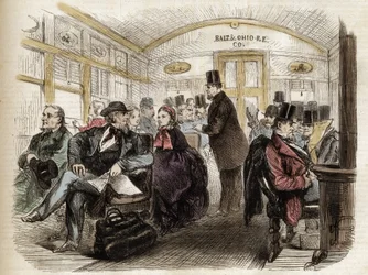 Interno di una carrozza sulla Baltimore & Ohio Railroad, USA - 1861 - interno di un vagone americano nel 1860