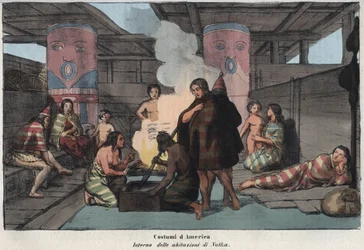 Interno di una grande casa comune a Nootka Sound, con abitanti che fumano e asciugano pesce, dormono e si prendono cura dei bambini - (Isola di Nootka) - "Interno di un