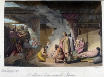 Vista interna di una casa a Nutka, Russia. In "Il vecchio e moderno costume" 1819-1820, di Ferrario