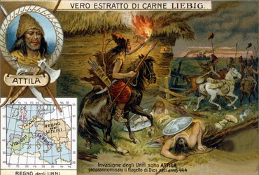 Invasione degli Unni sotto Attila, soprannominato il flagello di Dio, nel 444 - Vignetta pubblicitaria di Liébig